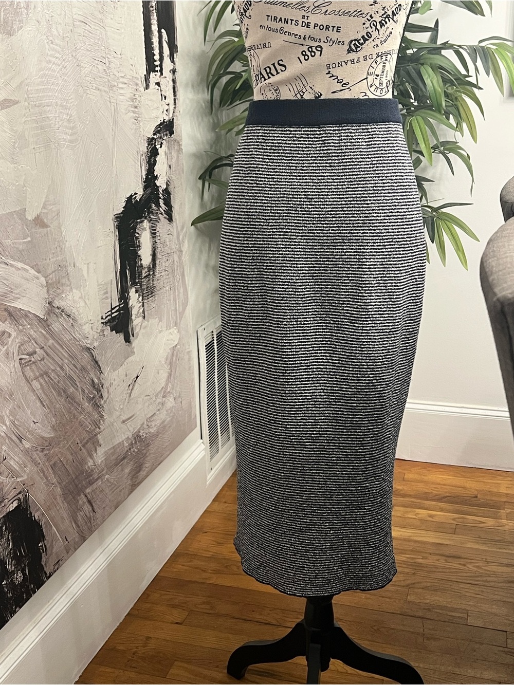 Zara Navy and White Striped Knit Midi Skirt